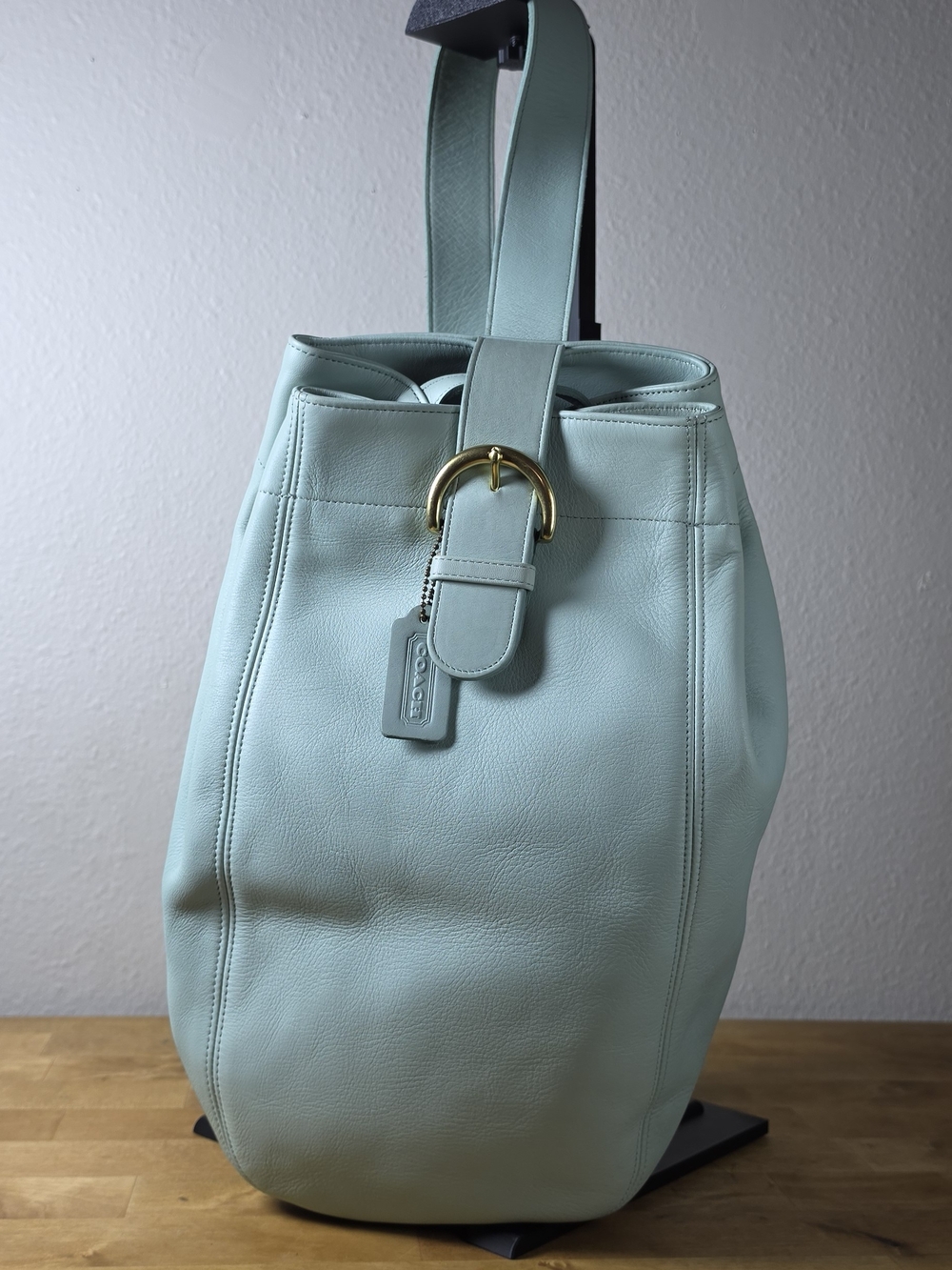 Mint Green Leather Bucket Bag with Gold Buckle